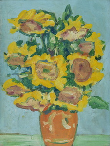 Werkverzeichnis Nr. 1192, um 1980, Sonnenblumen in brauner Vase, Öl auf Karton, 49,0 x 37,5 cm